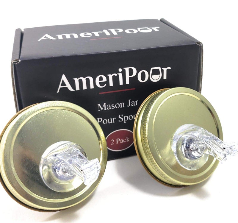 AmeriPour صمامات صب جرة ميسون مع غطاء - لصنع المشروبات الكحولية والويسكي - مصنوعة 100% في الولايات المتحدة الأمريكية. صمامات جرة ميسون بتدفق حر لا تتسرب - لا تشققات، فقط صب كوكتيل مثالي في كل مرة. عبوة من 2 - Image 1